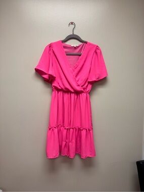ANDREE BY UNIT Hot Pink Flutter-Sleeve Wrap Mini Dress